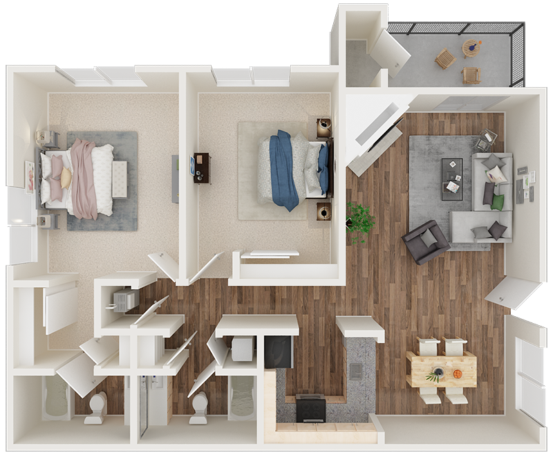 Floor plan for 2 beds, 2 baths, 930 sqft